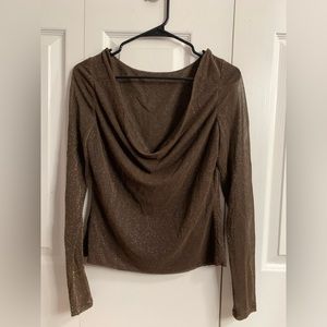 CARLISLE. Size 10. Sheer cowl neck long sleeve metallic brown blouse
